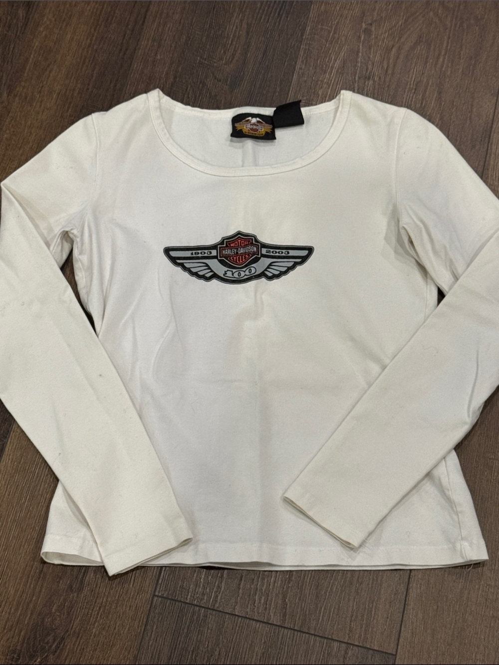 Harley-Davidson White Long Sleeve Tee with Winged Logo Patch 100th anniversary